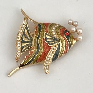 Vintage Brooch Bob Mackie Enamel Rhinestone Fish Blowing Bubbles Signed